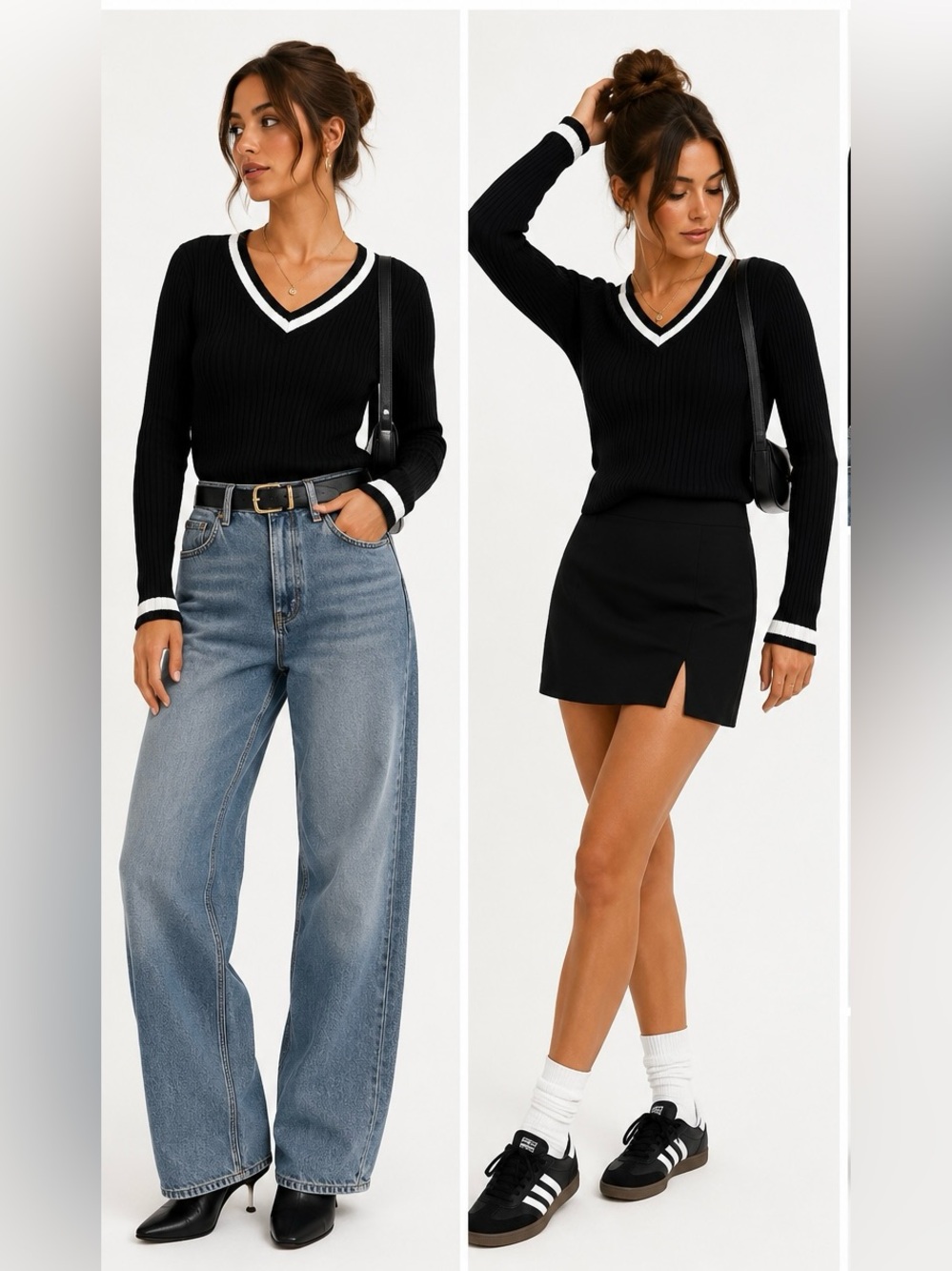 Y2K Suzy Shier Black V-Neck Ribbed Sweater with White Trim